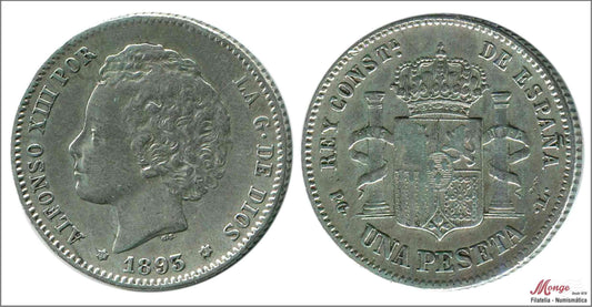 España - 1893 - Alfonso XIII - Nº 00069 - MBC+ / MBC- - 1 peseta 1893 (*18*93) PGL Ag