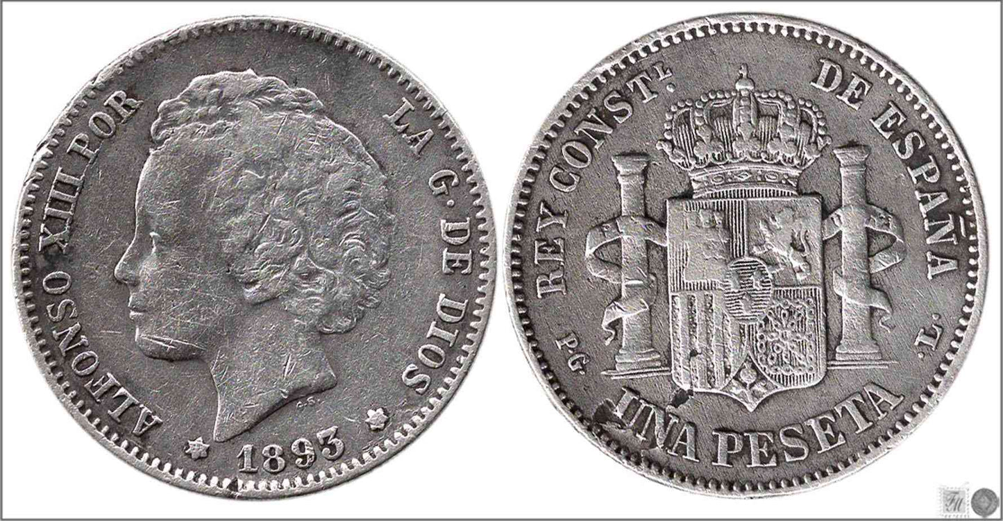 España - 1893 - Alfonso XIII - Nº 00069 - Muy Buena conservación menos - MBC - / VF- - 1 peseta 1893 PGL Ag