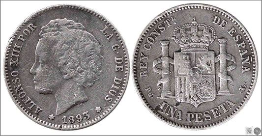 España - 1893 - Alfonso XIII - Nº 00069 - Muy Buena conservación menos - MBC - / VF- - 1 peseta 1893 PGL Ag