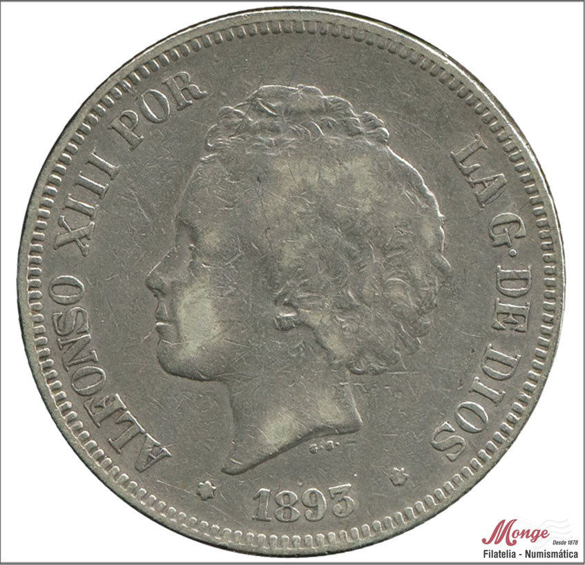 España - 1893 - Alfonso XIII - Nº 00149 - BC / F - 5 pesetas 1893 (*18*93) PGV - 25 gr. plata