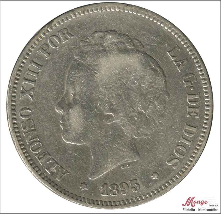 España - 1893 - Alfonso XIII - Nº 00149 - BC- / F- - 5 pesetas 1893 PGV - 25 gr. plata - foto generica