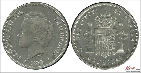 España - 1893 - Alfonso XIII - Nº 00149 - MBC+ / VF+ - 5 pesetas. 1893 (*18*93) PGV Ag