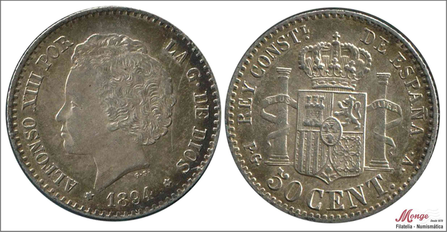 España - 1894 - Alfonso XIII - Nº 00042 - EBC+ / XF+ - 50 centimos 1894 (*94) PGV Ag / Patina original