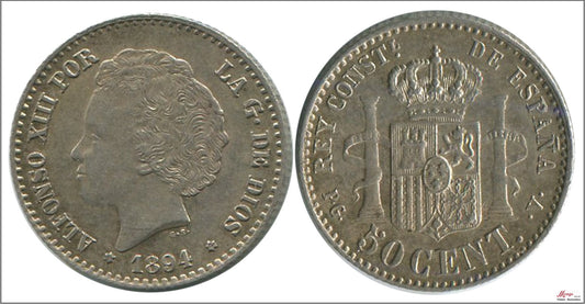 España - 1894 - Alfonso XIII - Nº 00042 - EBC- / XF- - 50 centimos 1894 (*94) PGV