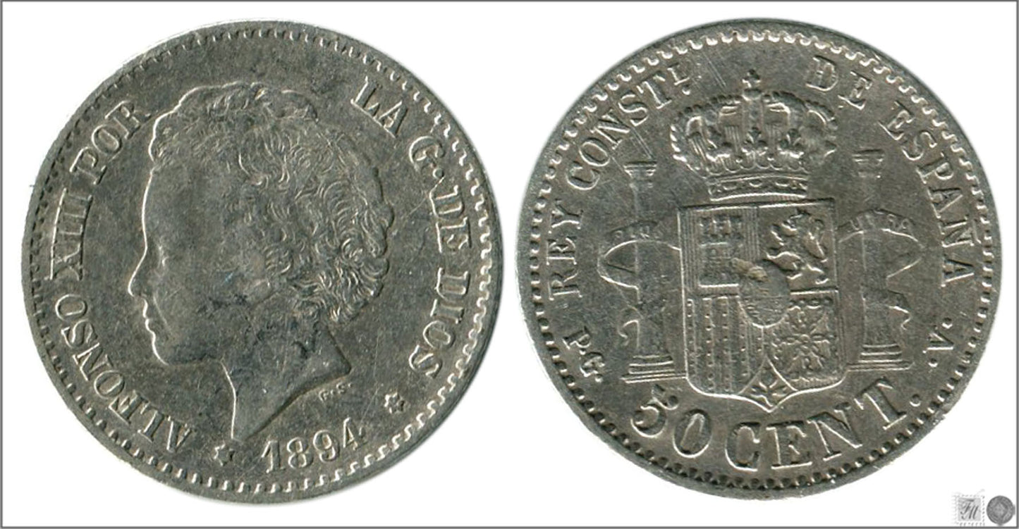 España - 1894 - Alfonso XIII - Nº 00042 - MBC / VF - 50 centimos 1894 (*94) MSM Ag