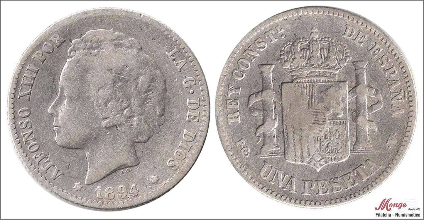 España - 1894 - Alfonso XIII - Nº 00070 - BC- / F- - 1 peseta 1894 (*18*94) PGV / OCASION