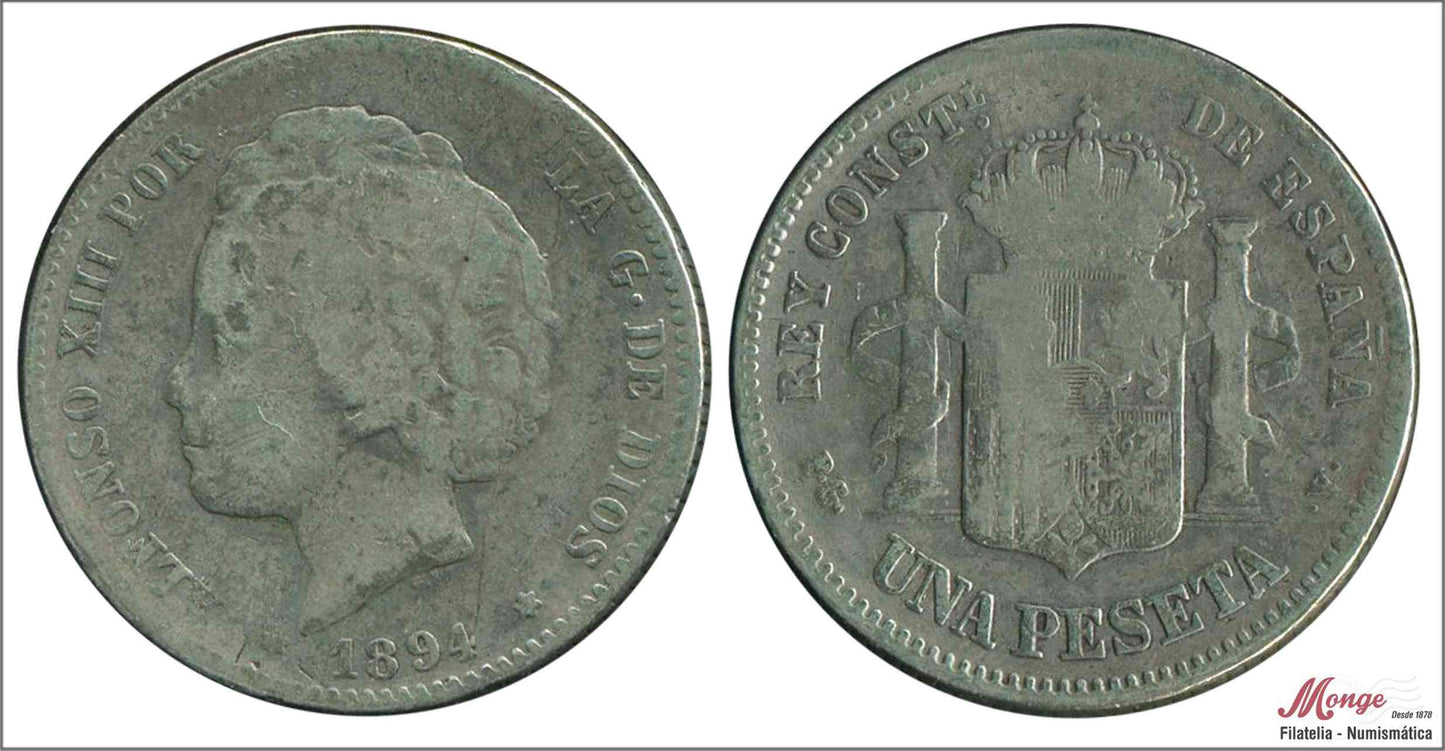 España - 1894 - Alfonso XIII - Nº 00070 - BC- / F- - 1 peseta 1894 (*94) PGV