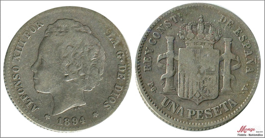 España - 1894 - Alfonso XIII - Nº 00070 - BC- / F- - 1 peseta 1894 PGV