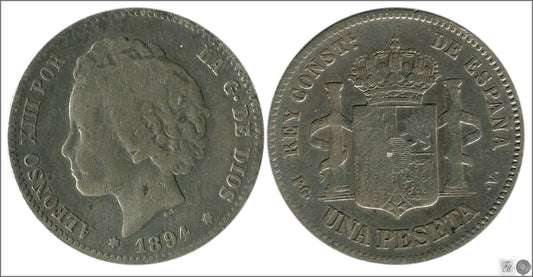 España - 1894 - Alfonso XIII - Nº 00070 - Buena conservación - BC- / F- - 1 peseta 1894 PGV