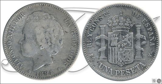 España - 1894 - Alfonso XIII - Nº 00070 - Cara y Cruz - BC- / BC - 1 peseta 1894 (*18*94) PGV