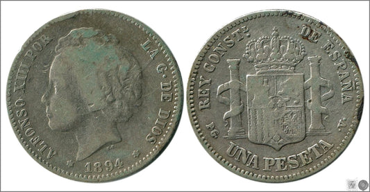 España - 1894 - Alfonso XIII - Nº 00070 - Cara y Cruz - BC- / RC - 1 peseta 1894 (*1*9) PGV