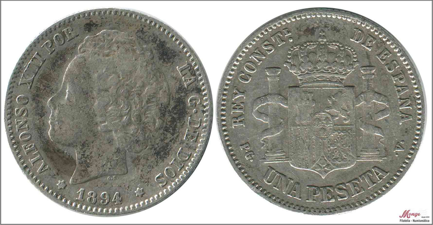 España - 1894 - Alfonso XIII - Nº 00070 - MBC - / VF- - 1 peseta 1894 (*18*94) PGV