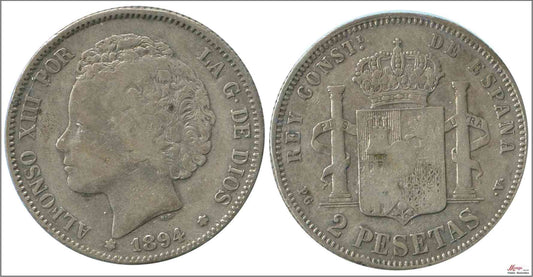 España - 1894 - Alfonso XIII - Nº 00099 - BC / BC- - 2 pesetas 1894 PGV Ag