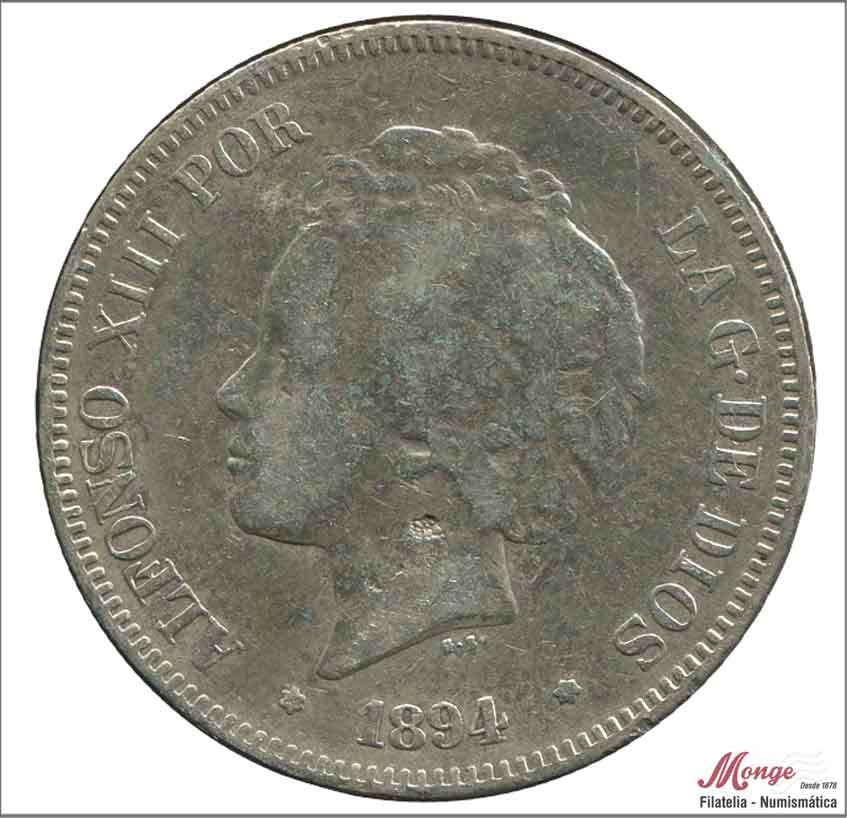 España - 1894 - Alfonso XIII - Nº 00150 - BC / F - 5 pesetas 1894 PGV - 25 gramos plata - foto generica