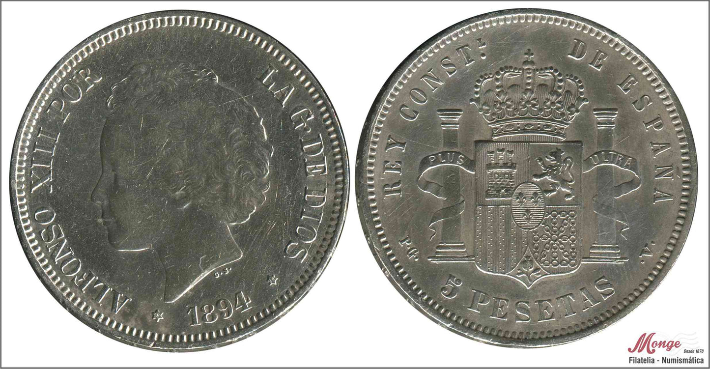 España - 1894 - Alfonso XIII - Nº 00150 - EBC- / MBC+ - 5 pesetas 1894 (*18*94) PGV Ag