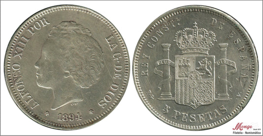 España - 1894 - Alfonso XIII - Nº 00150 - MBC+ / VF+ - 5 pesetas 1894 (*18*94) PGV Ag