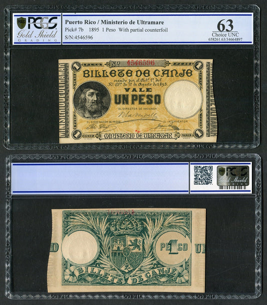 España - 1895 - Billetes Alfonso XIII - Nº 00007b - SC/UNC - 1 Peso 17-Agosto-1895 Puesrto Rico - ENCAPSULADO 63