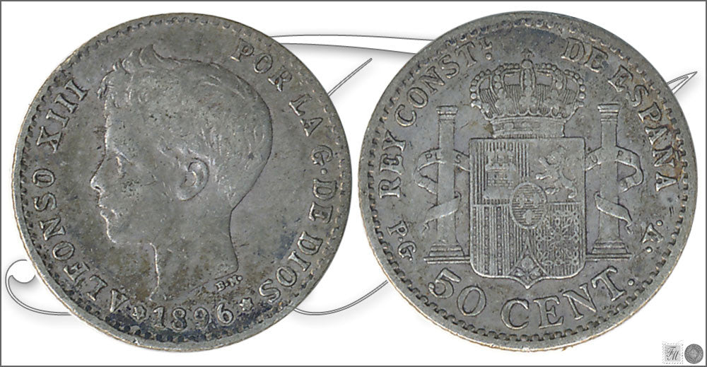 España - 1896 - Alfonso XIII - Nº 00043 - MBC - / VF- - 50 centimos 1896 (*96) PGV Ag / Variedad oreja rayada