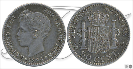 España - 1896 - Alfonso XIII - Nº 00043 - MBC+ / VF+ - 50 centimos 1896 (*96) PGV Ag