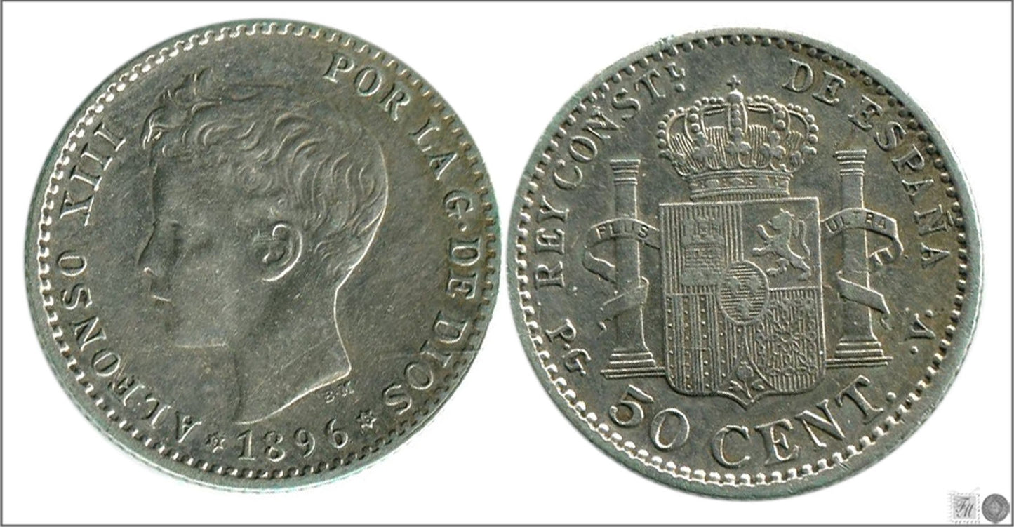 España - 1896 - Alfonso XIII - Nº 00043 - Muy Buena conservación mas - MBC+ / VF+ - 50 centimos 1896 (*96) PGV Ag / variedad ore