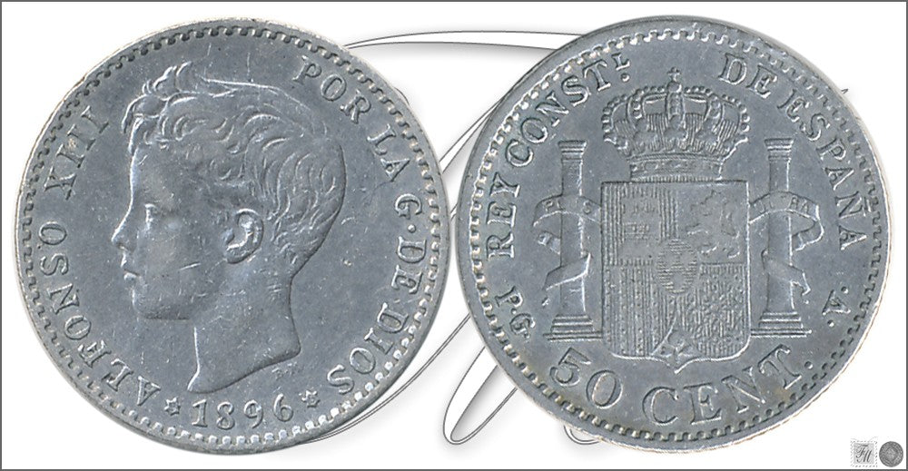 España - 1896 - Alfonso XIII - Nº 00043 - Muy Buena conservación - MBC / VF - 50 centimos 1896 (*96) PGV Ag