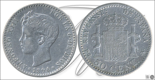 España - 1896 - Alfonso XIII - Nº 00043 - Muy Buena conservación - MBC / VF - 50 centimos 1896 (*96) PGV Ag