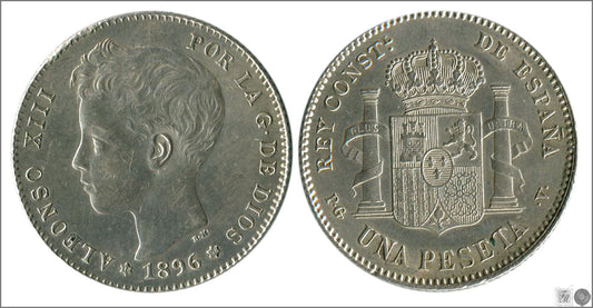 España - 1896 - Alfonso XIII - Nº 00071 - Cara y Cruz - EBC+/SC- - 1 peseta 1896 (*18*96) PGV Ag