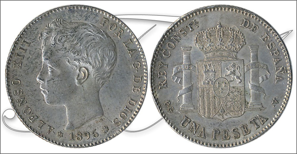 España - 1896 - Alfonso XIII - Nº 00071 - Cara y Cruz - SC-/SC - 1 peseta 1896 (*18*96) PGV Patina original