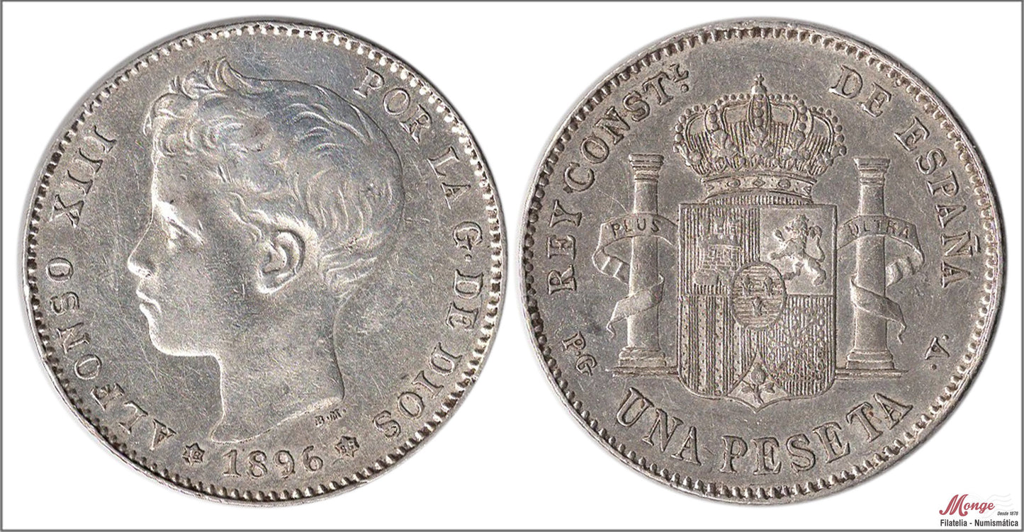 España - 1896 - Alfonso XIII - Nº 00071 - EBC / XF - 1 peseta 1896 (*18*96) PGV Ag - OFERTA