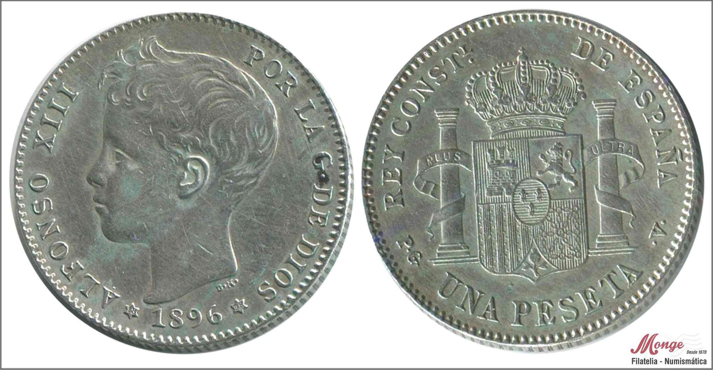 España - 1896 - Alfonso XIII - Nº 00071 - EBC- / XF- - 1 peseta 1896 (*18*96) PGV Ag