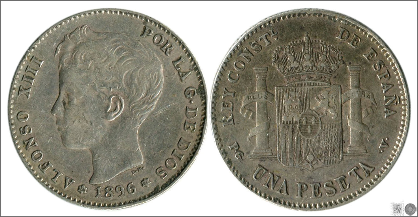 España - 1896 - Alfonso XIII - Nº 00071 - MBC / VF - 1 peseta 1896 (*18*96) PGV Ag