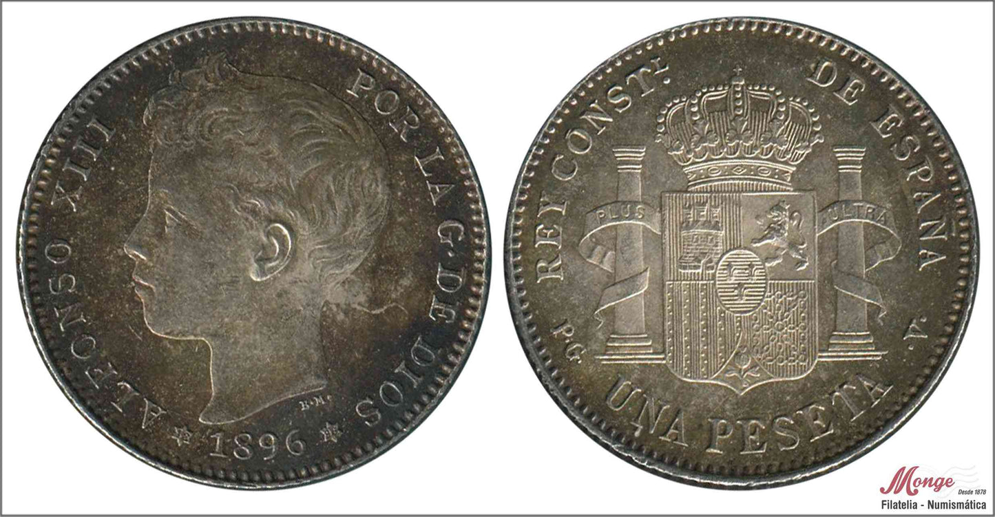 España - 1896 - Alfonso XIII - Nº 00071 - S/C-/aUNC - 1 peseta 1896 (*18*96) PGV Ag / Patina original