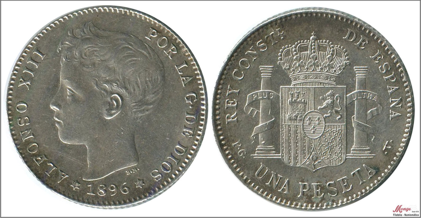 España - 1896 - Alfonso XIII - Nº 00071 - S/C-/aUNC - 1 peseta 1896 (*96) PGV Ag / patina