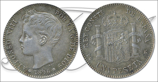 España - 1896 - Alfonso XIII - Nº 00071 - Sin circular menos - S/C-/aUNC - 1 peseta 1896 (*18*96) PGV Ag / Patina