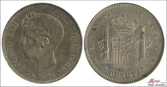 España - 1896 - Alfonso XIII - Nº 00151 - EBC- / XF- - 5 pesetas 1896 (*18*96) PGV Ag / Patina original