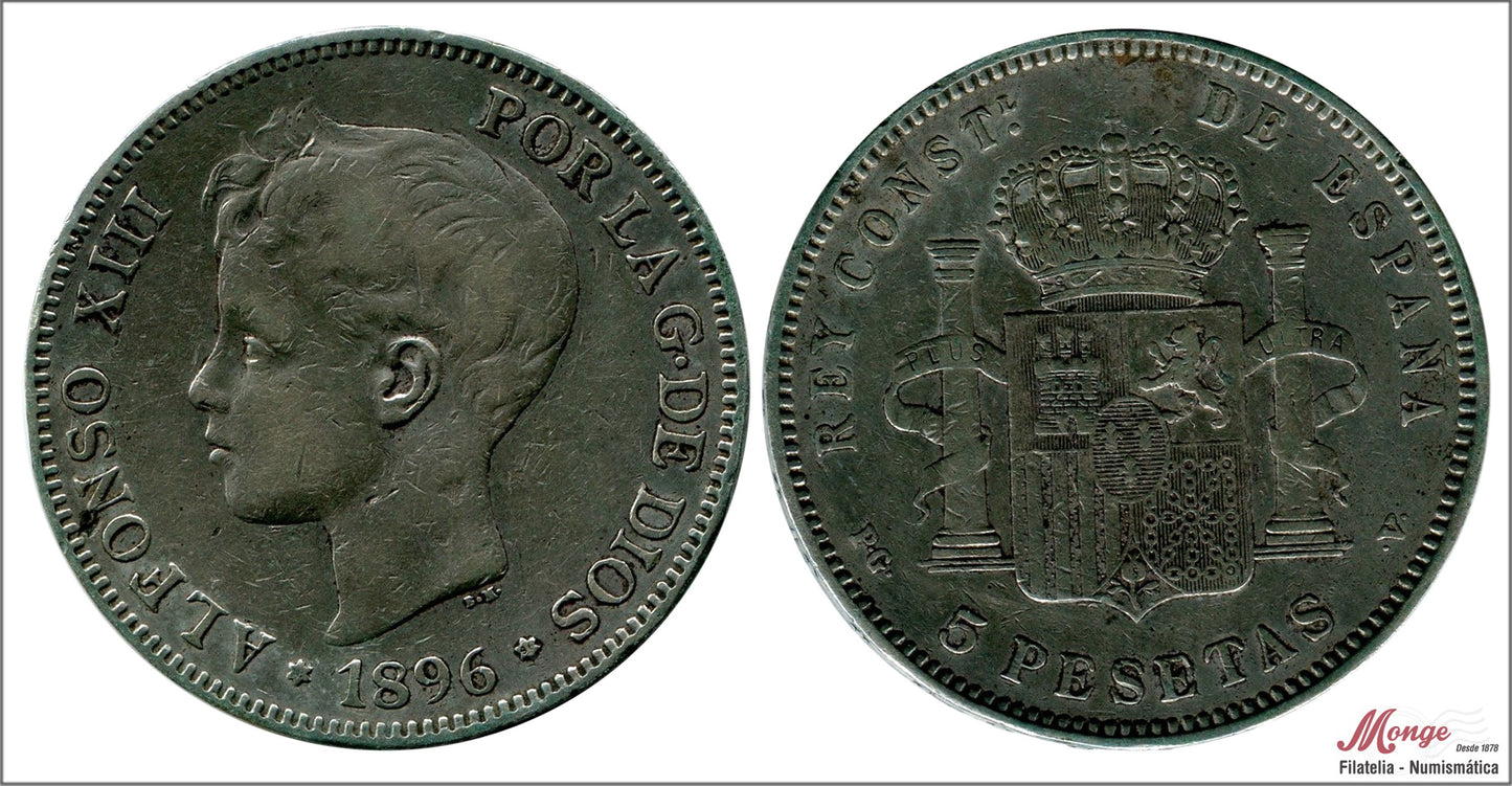 España - 1896 - Alfonso XIII - Nº 00151 - MBC - / VF- - 5 pesetas 1896 (*18*96) PGV - 25 gr. plata foto generica