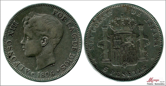 España - 1896 - Alfonso XIII - Nº 00151 - MBC - / VF- - 5 pesetas 1896 (*18*96) PGV - 25 gr. plata foto generica