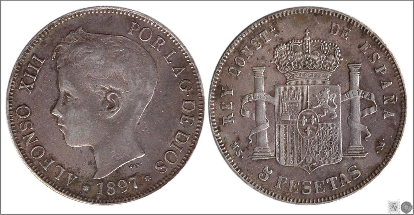 España - 1897 - Alfonso XIII - Nº 00152 - MBC - / VF- - 5 pesetas 1897 (*18*97) MSM Falsa época en plata