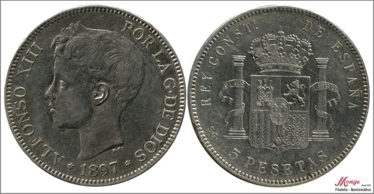 España - 1897 - Alfonso XIII - Nº 00152 - MBC - / VF- - 5 pesetas 1897 (*18*97) SGV - 25 gr. plata foto generica