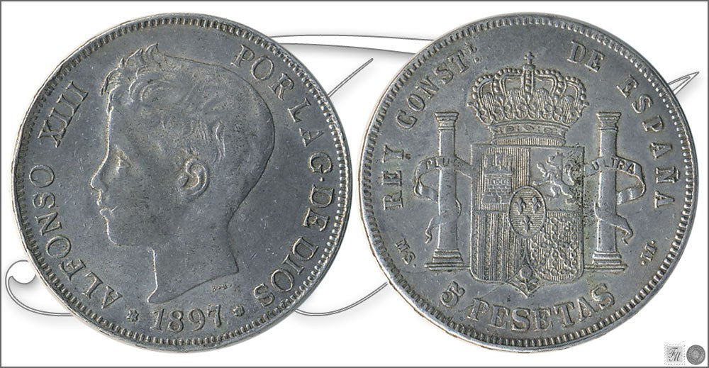 España - 1897 - Alfonso XIII - Nº 00152 - Muy Buena conservación mas - MBC+ / VF+ - 5 ptas. 1897 (*97) MSM Falsa época no coinci