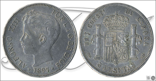 España - 1897 - Alfonso XIII - Nº 00152 - Muy Buena conservación mas - MBC+ / VF+ - 5 ptas. 1897 (*97) MSM Falsa época no coinci