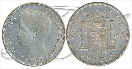 España - 1897 - Alfonso XIII - Nº 00152 - Muy Buena conservación mas - MBC+ / VF+ - 5 ptas. 1897 (*97 SGV Falsa época plata / Se