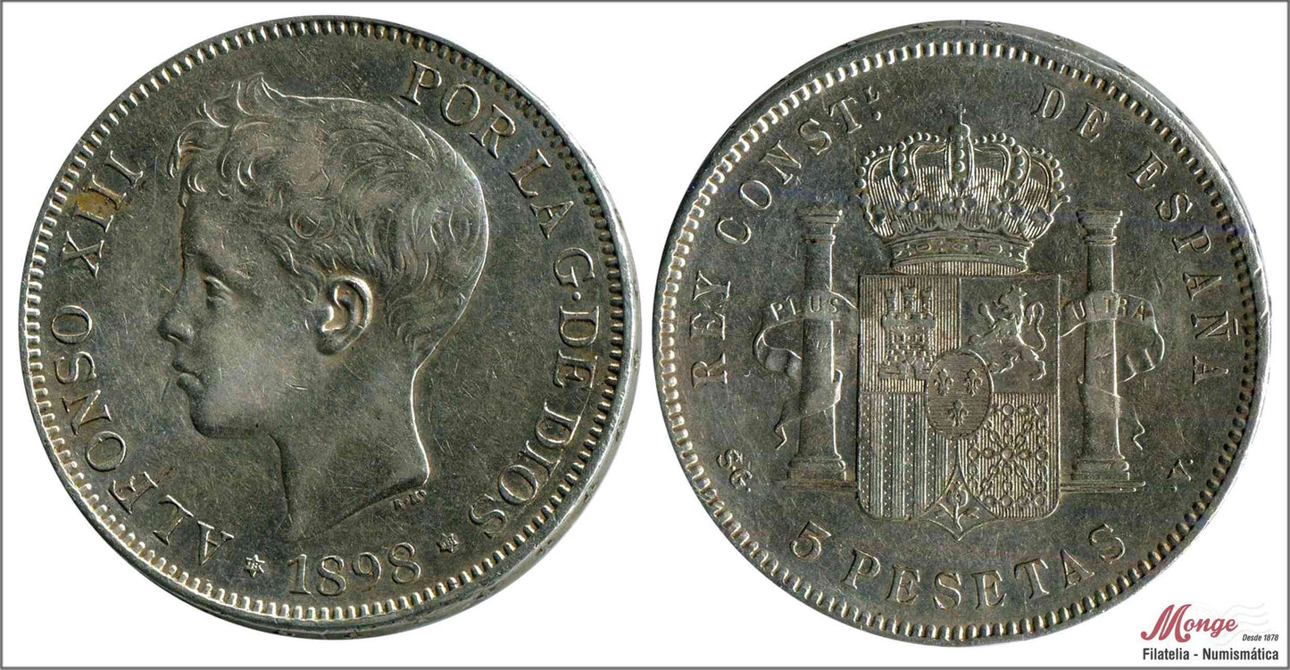 España - 1898 - Alfonso XIII - Nº 00153 - EBC- / EBC - 5 pesetas 1898 (*18*98) SGV / Ag