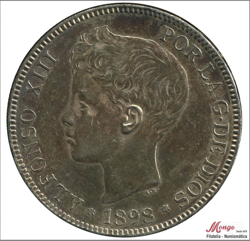 España - 1898 - Alfonso XIII - Nº 00153 - EBC- / XF- - 5 pesetas 1898 (*18*98) SGV / 25 gr. plata, patina original