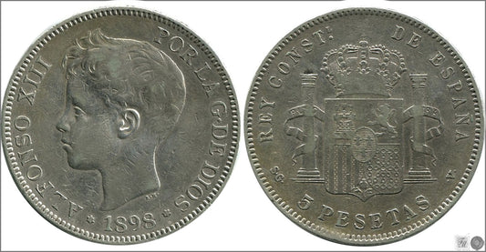 España - 1898 - Alfonso XIII - Nº 00153 - MBC / VF - 5 pesetas 1898 (*18*98) SGV - 25 gr. plata foto generica