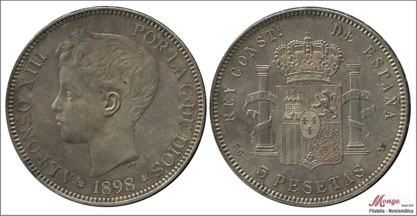 España - 1898 - Alfonso XIII - Nº 00153 - S/C-/aUNC - 5 pesetas. 1898 (*18*98) SGV Ag - Patina original