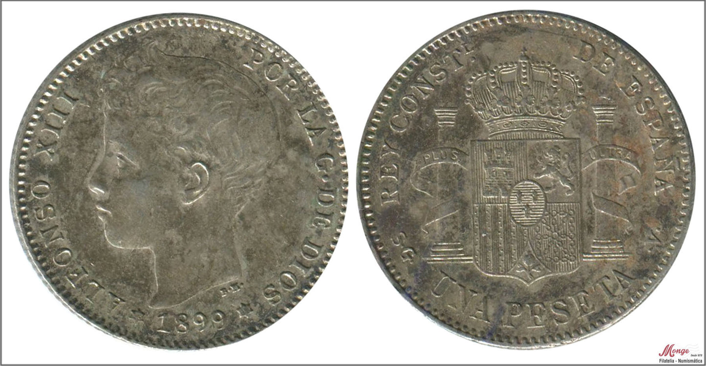 España - 1899 - Alfonso XIII - Nº 00072 - EBC- / XF- - 1 peseta 1899 (*18*99) SGV Ag / Patina