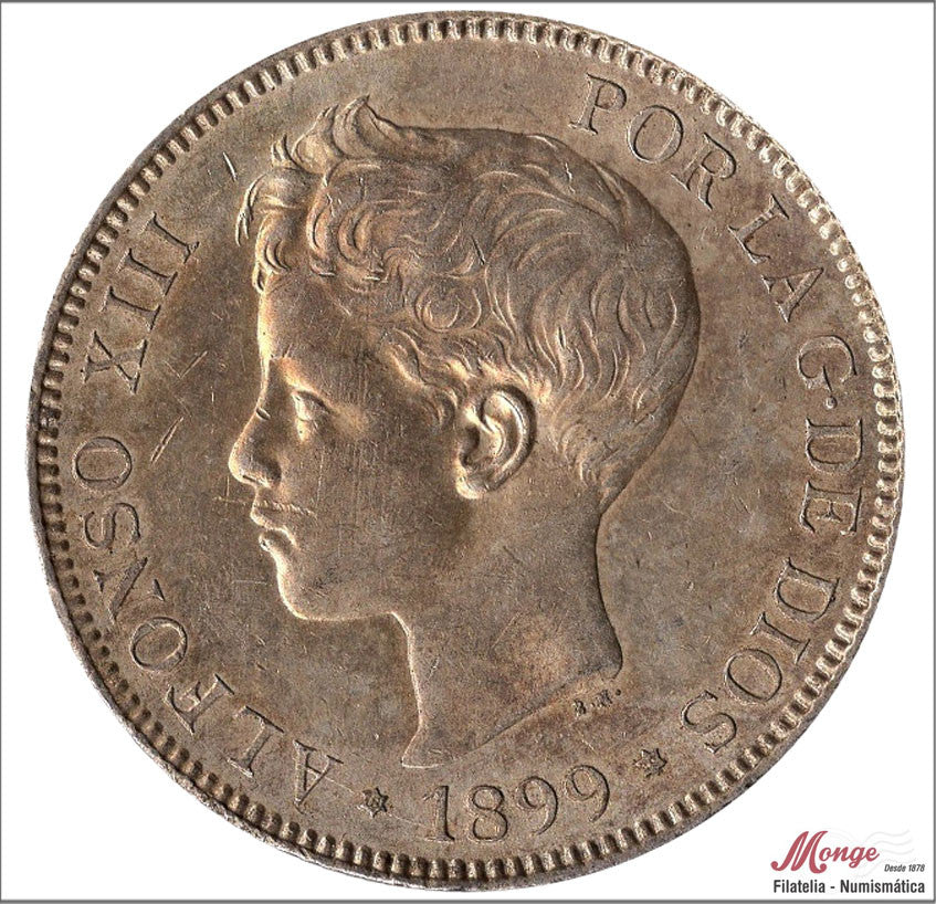 España - 1899 - Alfonso XIII - Nº 00154 - EBC+ / XF+ - 5 pesetas 1899 (*18*99) SGV - 25 gr. plata / Patina original