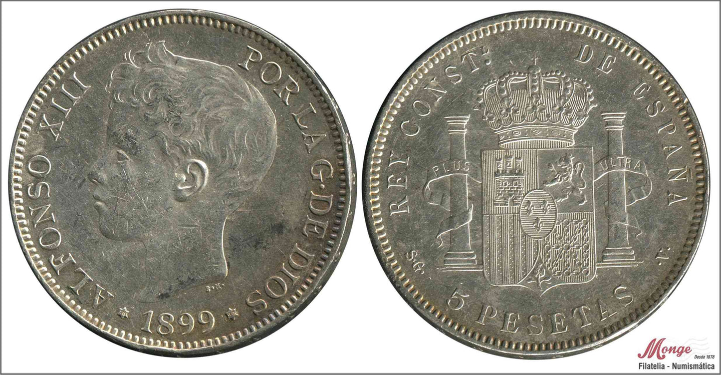 España - 1899 - Alfonso XIII - Nº 00154 - EBC+ / XF+ - 5 pesetas 1899 (*18*99) SGV Ag - Patina