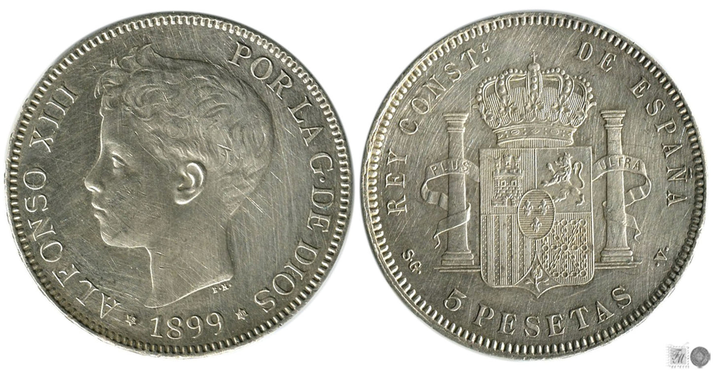 España - 1899 - Alfonso XIII - Nº 00154 - EBC / XF - 5 pesetas 1899 (*18*99) SGV Ag